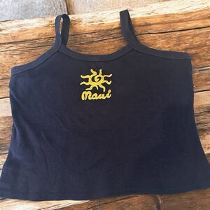 Vintage Cropped Tank Top Gold Embroidered Sun Maui Hawaii 100% Cotton Blue M